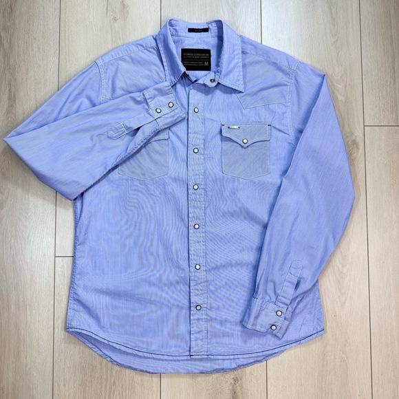 Bowen London UK Men's Blue Striped Cotton Western Shirt Pearl Snap Medium M - Picture 1 of 8